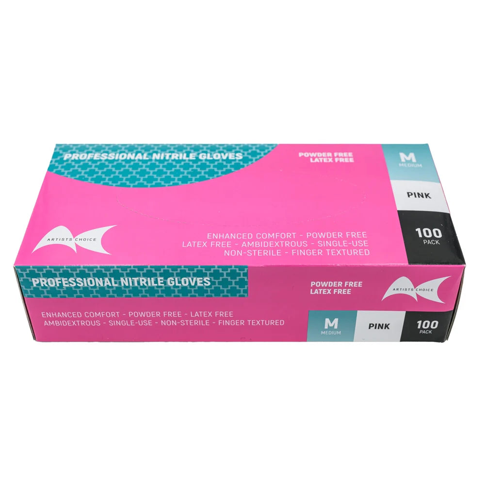 Artists Choice Professional Nitrile Powder Free Gloves Pink Medium 100 Pack
