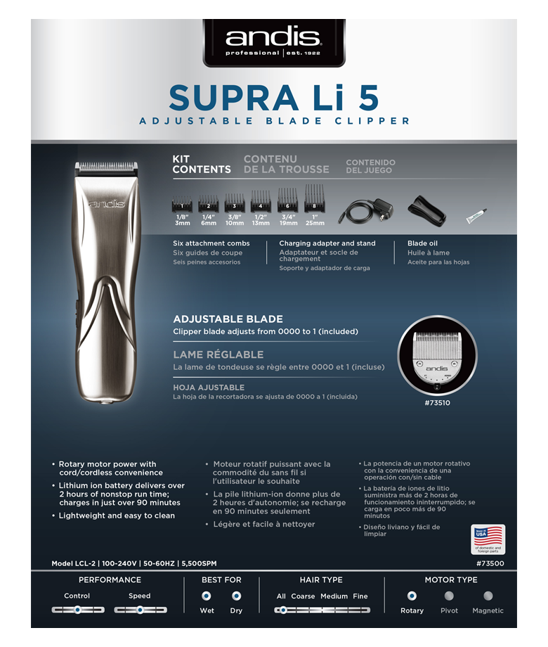 Andis Supra Li 5 Adjustable Blade Cordless Clipper - Beautopia Hair & Beauty