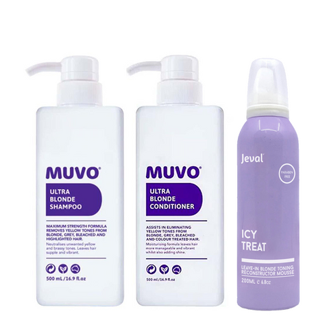 MUVO Ultra Blonde Shampoo, Conditioner & Jeval Icy Treat Reconstructor Mousse Value Pack